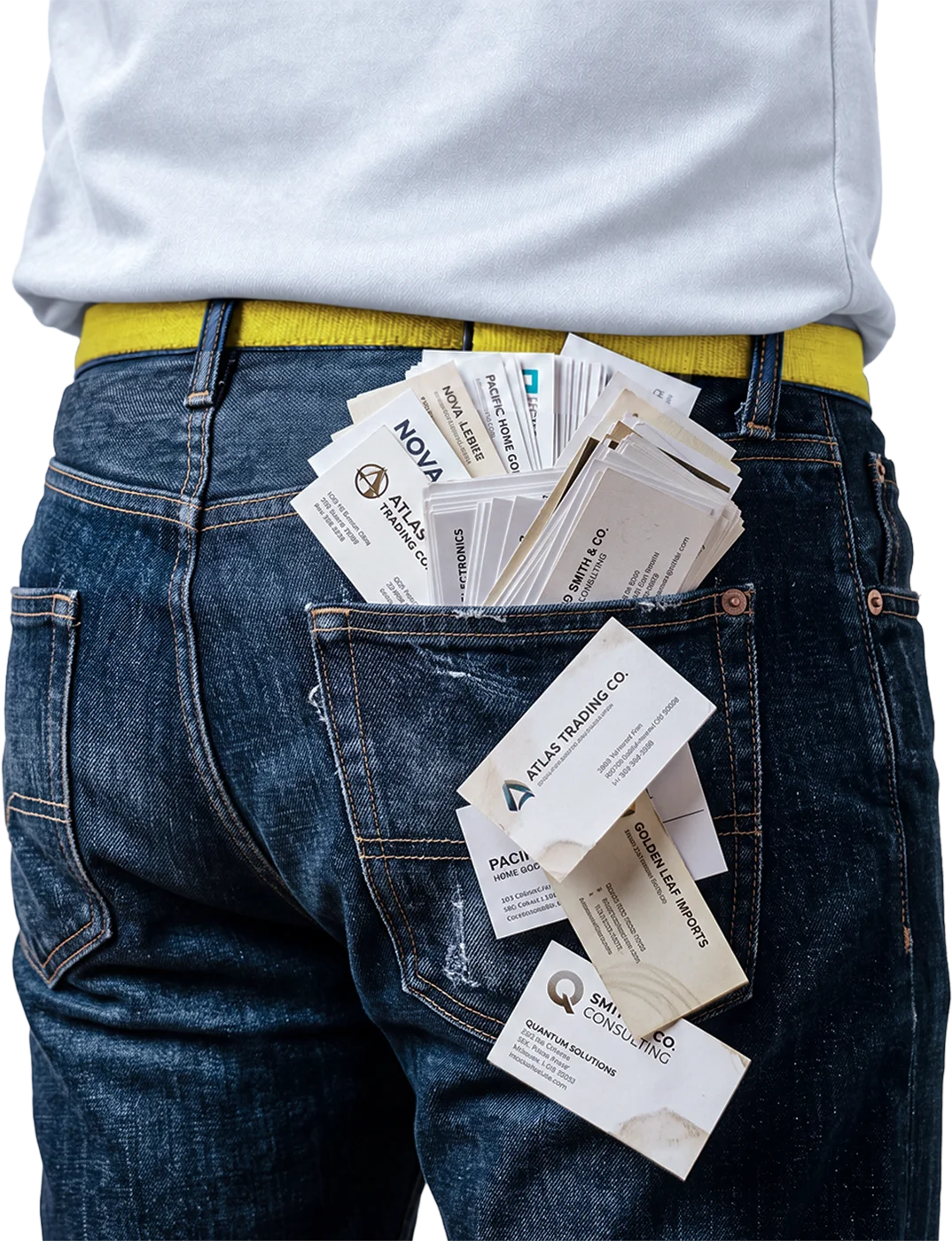 A back pocket stuffed with business cards from a trade show
